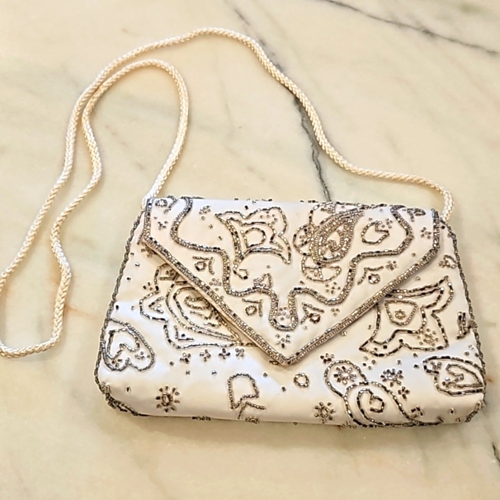 1980's Andre Cellini white silk and silver beaded evening bag